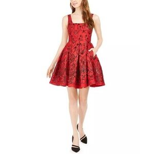 Neiman Marcus NWT Red and Black Sequin Embroidery Dress with Pockets